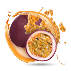 Tasty passion fruits with juice in air on white background