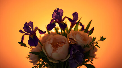 Silhouette of Spring Wedding Bouquet with Rings in Sunset Light. Floral Silhouette Background — Sunset Mood for Cards and Ads