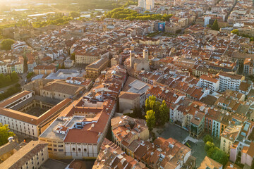 Aerial view of Pamplona at sunrise, the capital of Navarre in northern Spain