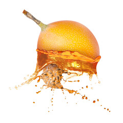 Tasty passion juice splashing out from cut fruit in air on white background