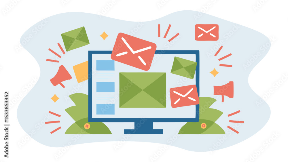 Wall mural illustration of a computer screen surrounded by floating envelopes and megaphone icons design concep