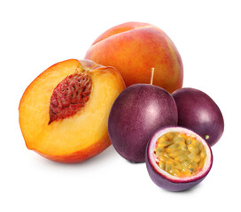 Tasty ripe passion and peach fruits on white background