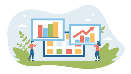 Fototapeta premium People analyzing bar graphs and data charts on a large screen in a nature inspired background