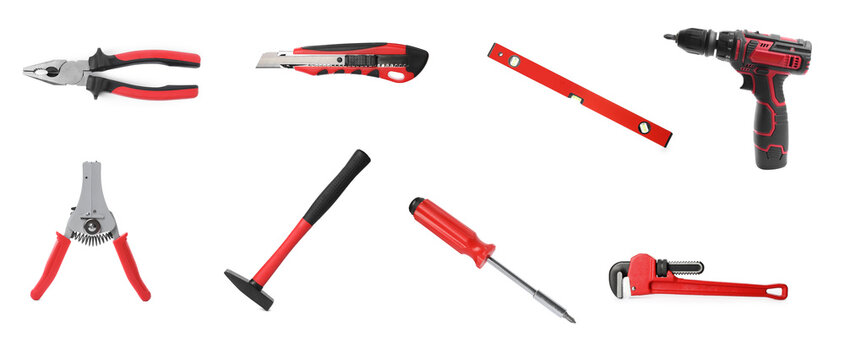 Different construction tools on white background, collage