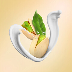Milk splash with pistachios and green leaf in air on beige gradient background