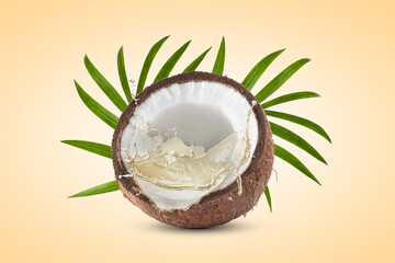 Coconut oil splashing out of nut on dark beige background