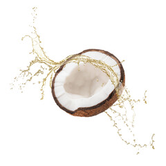 Coconut oil splash and nut on white background
