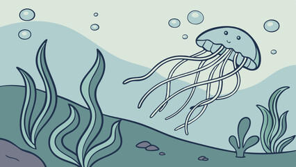 Fototapeta premium A cartoon jellyfish swimming in an ocean scene with seaweed rocks and bubbles in a light blue palette