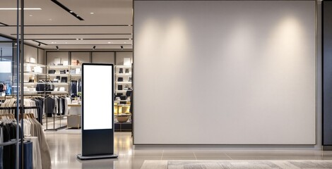 Blank digital signage display inside modern clothing store with empty wall for advertisement or branding concept in retail environment.