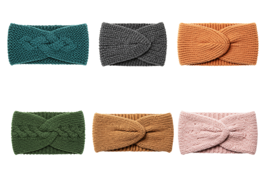 Colorful Headband Collection: A selection of stylish, knitted headbands in a variety of vibrant colors, perfect for adding a touch of warmth and fashion to any outfit.