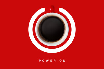 Power On phrase and standby symbol with cup of coffee on red background, top view