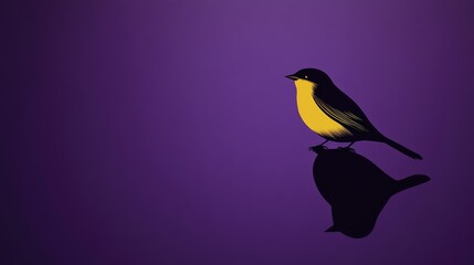 Fototapeta premium Yellow bird silhouette on purple backdrop with symmetrical shadow pattern