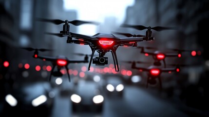 robot security drones flying over urban nightscape, infrared vision, tracking targets