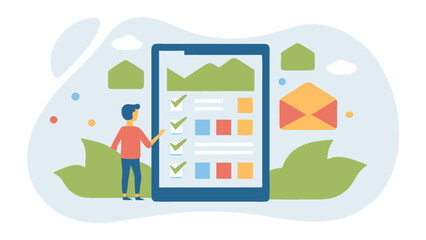 Man standing next to a tablet showing a checklist and a graph with email icon nearby displayed