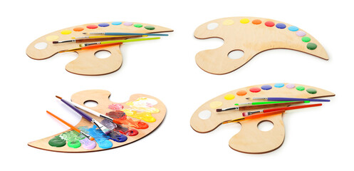 Wooden palette with paints and brushes isolated on white, collage