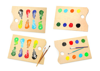 Wooden palette with paints and brushes isolated on white, collage