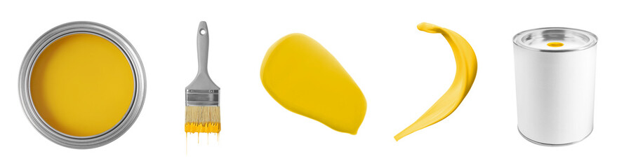 Yellow paint. Collage with cans, splash and brush on white background