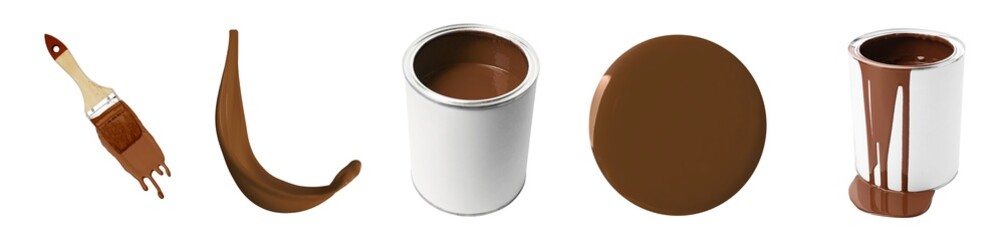 Brown paint. Collage with cans, drop, splash and brush on white background