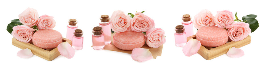 Soap bar with roses and essential oil isolated on white, collage