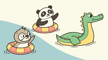 Obraz premium Cartoon animals including a sloth panda and crocodile floating in water with inflatable rings and waving