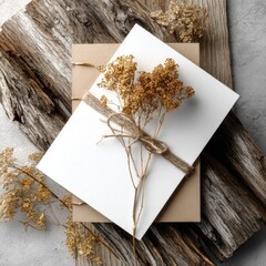 Obraz premium Dried flowers adorn a blank invitation card.