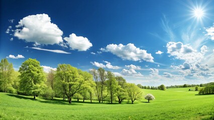 Naklejka premium Vibrant spring landscape featuring lush green meadow under a sunny sky with puffy white clouds and a row of full green trees