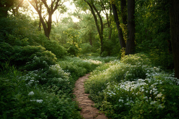 Obraz premium serene forest path bathed in soft warm light from setting sun surrounded by lush greenery and gentle shadows