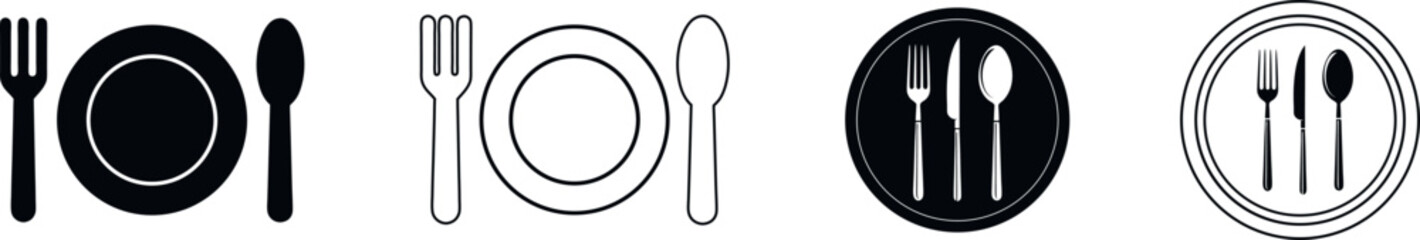 Minimalistic cutlery and plate icon set in black and white style. Includes various combinations of fork, spoon, knife, and dish, perfect for restaurant branding, food delivery apps, kitchen.