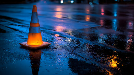 Traffic cone on wet asphalt road at night safety construction zone warning