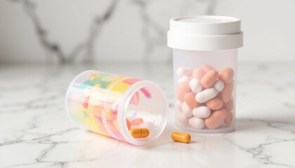 Medication containers with colorful pills on marble surface  