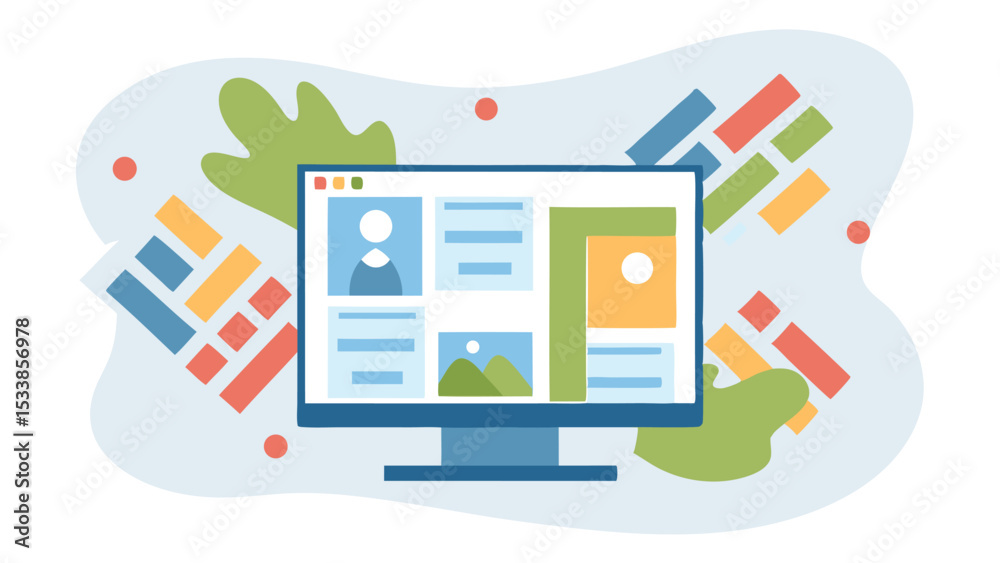 Fototapete illustration of a desktop computer displaying a webpage with various content blocks and abstract sha