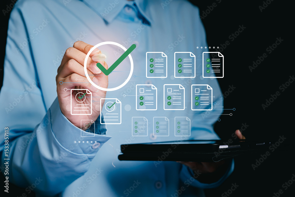 Poster checkmarks concept. business professional using digital interface to check tasks and organize docume