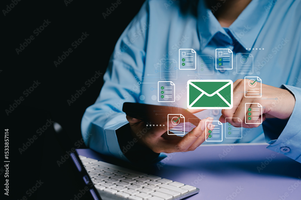 Poster business email concept. hands using smartphone with email icon and document graphics on table for co
