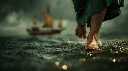 Jesus walks on water during a storm towards a boat amidst lightning and turbulent seas
