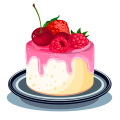 Sponge cake with raspberries, strawberries and cherries on a plate