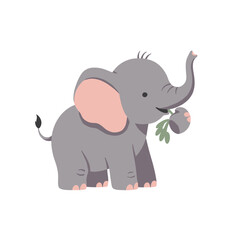 Naklejka premium Cute cartoon elephant happily munching on a leaf with a simple white background