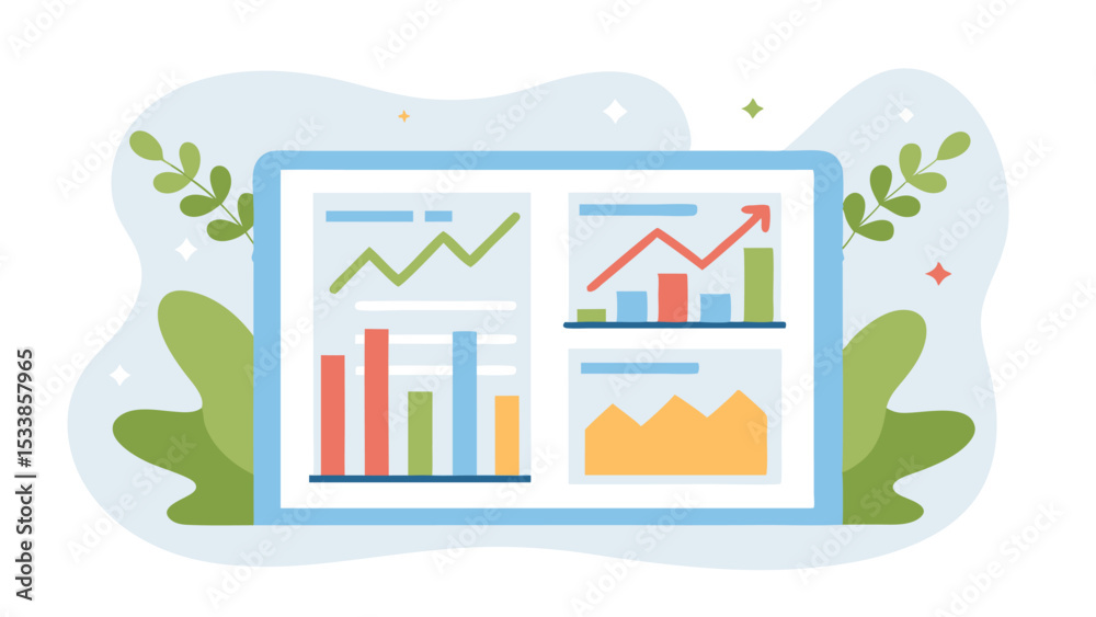 Aufkleber illustration of a screen displaying various data charts and graphs with nature elements around it
