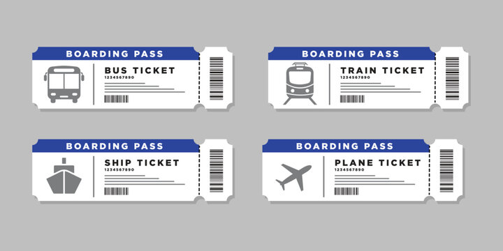 Set of Transportation Ticket. Bus, plane, ship and train ticket icon. Travel tickets for transport with barcode. Vector illustration.