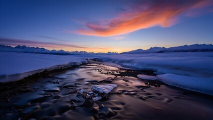 Obraz premium Serene winter sunset over snowy mountains and stream