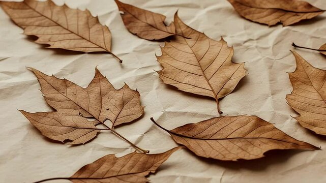 Dried Brown Autumn Leaves Scattered Across Crumpled Paper Background