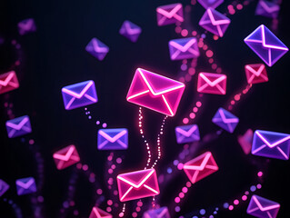 Email marketing campaign concept neon glowing envelopes digital communication