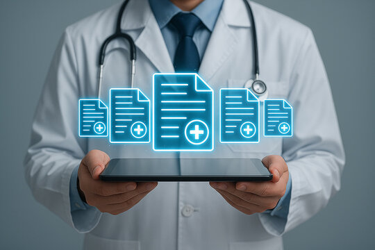 Digital health records concept doctor holding tablet with patient files and medical data access