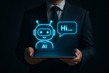 Ai chatbot assistant on tablet held by businessman in suit for artificial intelligence technology 100
