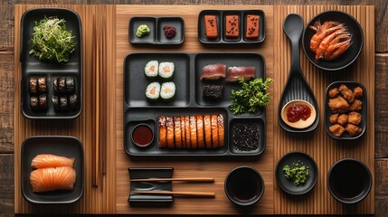 Artistic top view of sushi plates chopsticks soy sauce dishes on a bamboo mat Japanese aesthetic no labelling no logo no human