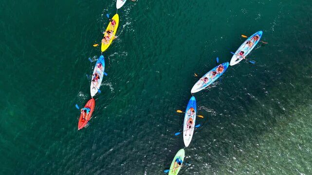 Drone view of colorful canoes in the Mar Menor, Cartagena, Murcia Region, Spain