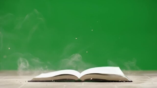 footage of falling books with dust effect, with greenscreen background