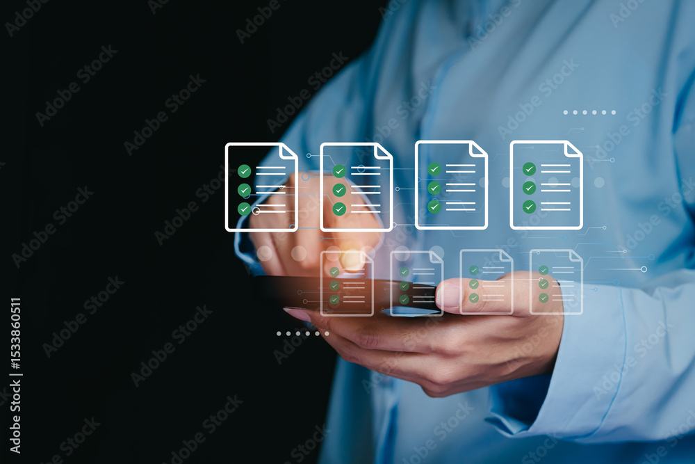 Poster checklists. business professional using smartphone with digital checklists and documents in backgrou