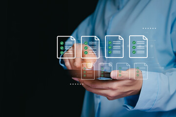 Checklists. Business Professional Using Smartphone with Digital Checklists and Documents in Background for Productivity and Efficiency