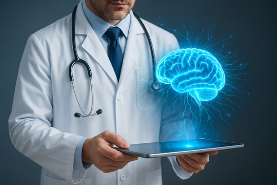 Doctor holding tablet with brain hologram for neurology research and mental health technology concept