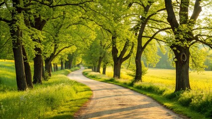 Serene country road lined with lush green trees and yellow flowers in springtime sunlight